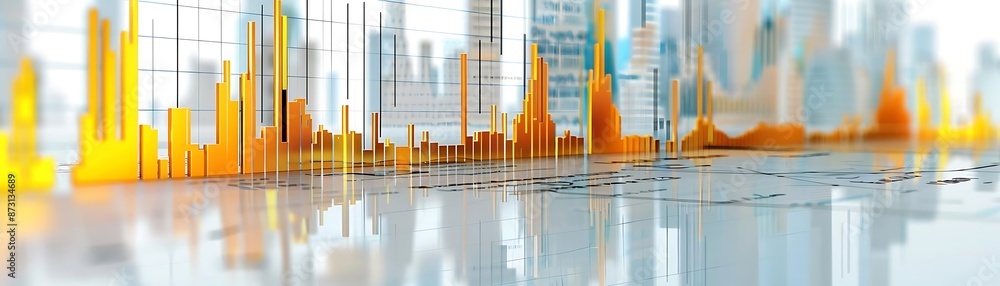 Abstract Background with 3D Yellow Bars and Reflections on Smooth Surface Abstract Background with 3D Yellow Bars and Reflections on Smooth Surface
