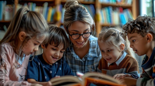A group of children are sitting around a book with a woman reading to them