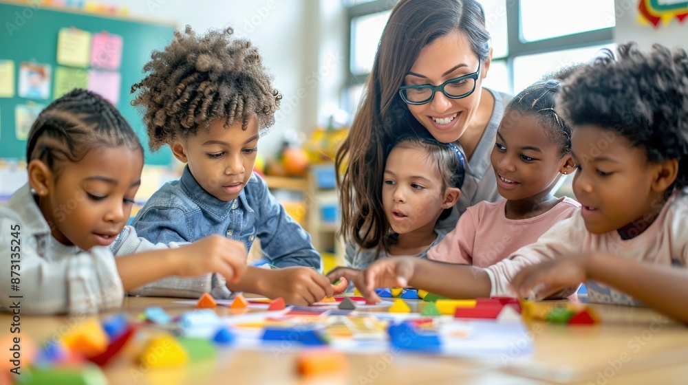 A teacher is helping a group of children play with blocks A teacher is helping a group of children play with blocks