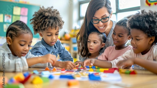 A teacher is helping a group of children play with blocks
