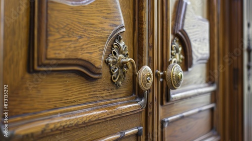 Decorative brass door handles and escutcheons on a wooden cabinet with raised panels close up angled view with space for text photo