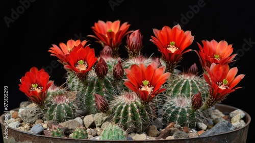 Flowering Echinocereus triglochidiatus also known as claret cup cactus photo