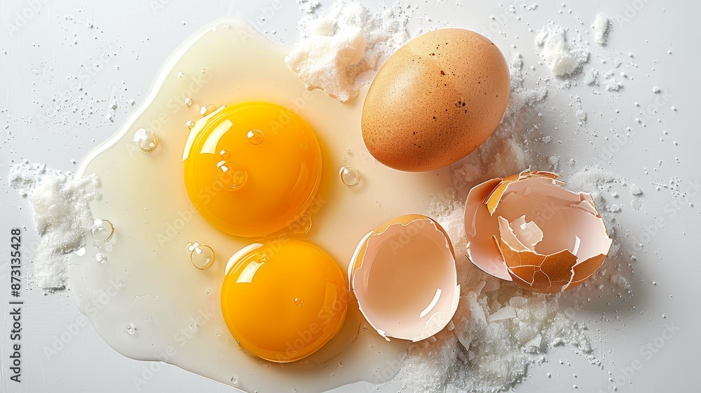 A mix of cracked and whole eggs on a pristine white floor, white background, capturing the mess and contrast, raw and vivid A mix of cracked and whole eggs on a pristine white floor, white background, capturing the mess and contrast, raw and vivid