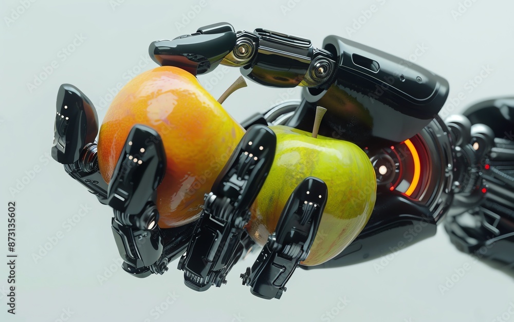 Robotic hand holding two apples, showcasing the integration of technology and nature, ideal for modern tech or agricultural themes. Robotic hand holding two apples, showcasing the integration of technology and nature, ideal for modern tech or agricultural themes.