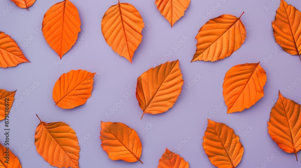 Fototapeta premium Pattern of dry orange metallic leaves on violet background, focus cover all object, deep dept of field