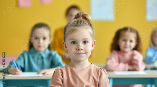 Pupils engaged in a group activity, colorful classroom, teacher guiding, interactive learning, bright and cheerful atmosphere