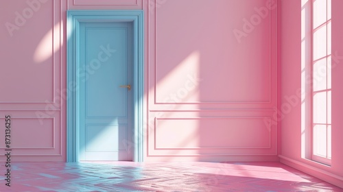 Blue door in a pink pastel room, light streaming through creating shadows, 3D render focusing on modern design, raw details