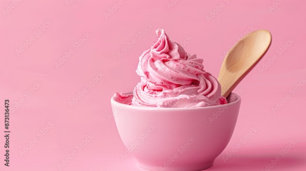 Bowl of creamy pink ice cream, wooden spoon, pastel pink surface, professional ad composition, isolated, studio lighting, text-friendly Bowl of creamy pink ice cream, wooden spoon, pastel pink surface, professional ad composition, isolated, studio lighting, text-friendly