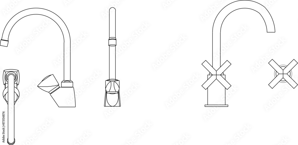 Fototapeta premium Vector silhouette illustration sketch of detailed design of Sanitary ware set of water faucet for bathroom sink