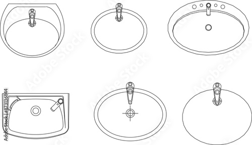 Vector silhouette illustration sketch of detailed design of Sanitary ware hand washing sink set for bathroom