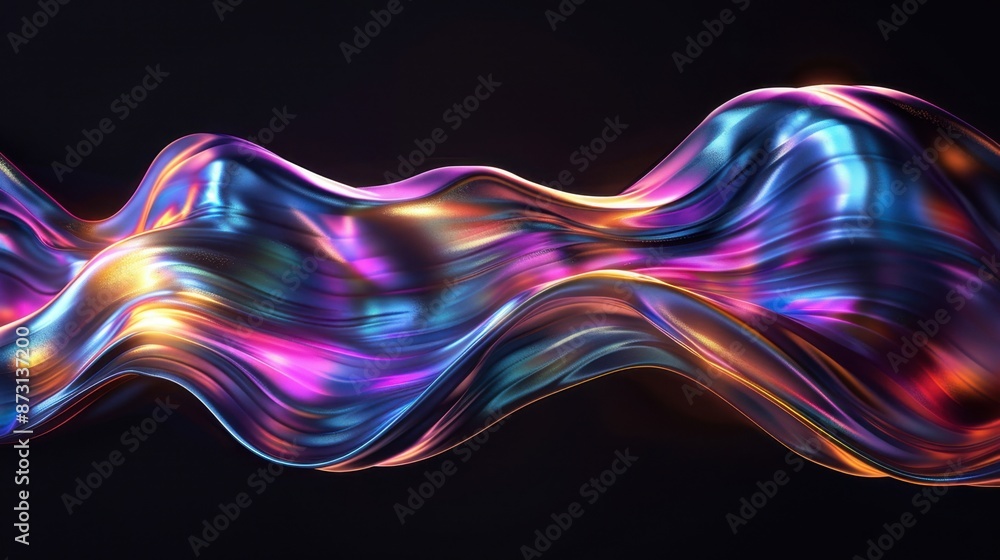 An intricate wavy shape in iridescent colors, set against a black background, highlighting the smooth, flowing lines and luminous texture of the abstract design. An intricate wavy shape in iridescent colors, set against a black background, highlighting the smooth, flowing lines and luminous texture of the abstract design.