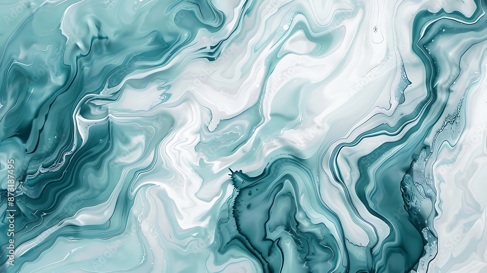 Calming marble ink painting in shades of teal and white, fluid patterns, minimalistic design on fine paper texture Calming marble ink painting in shades of teal and white, fluid patterns, minimalistic design on fine paper texture