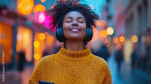 Youthful Serenity: Woman in Yellow Sweater with Headphones