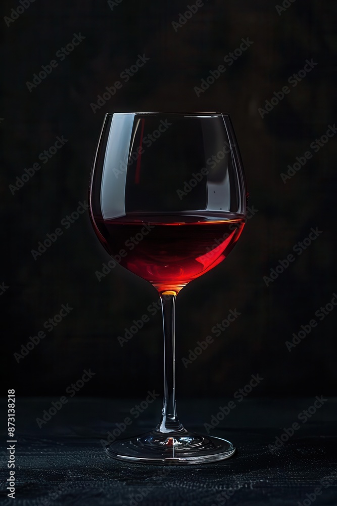 Naklejka premium A glass of red wine photographed against a black background, studio photography with professional color grading, soft shadows, clean sharp focus, and natural light
