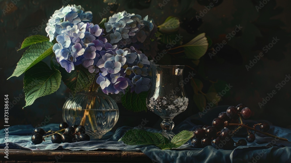 Hydrangea and glass in a still life on a dark backdrop Hydrangea and glass in a still life on a dark backdrop