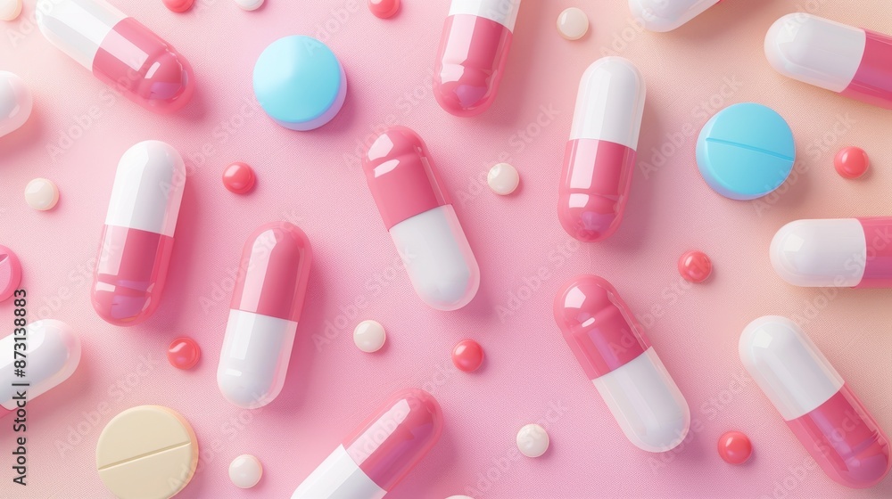 Illustration of varied pills and medication capsules, pastel color background, soothing and soft, illustration background Illustration of varied pills and medication capsules, pastel color background, soothing and soft, illustration background