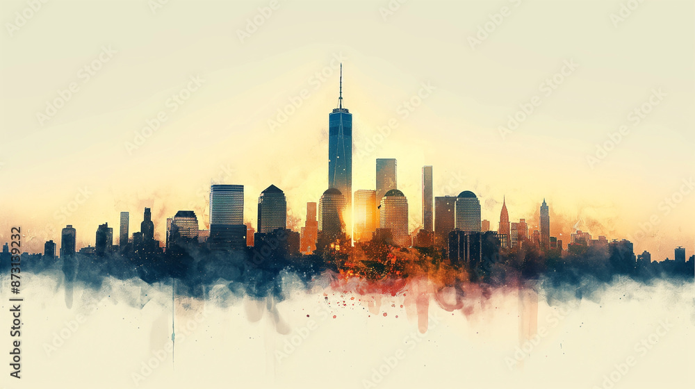 Fototapeta premium New York skyline, in the watercolor style, white background, warm colors, sunset light, minimalist design, soft brush strokes, elegant cityscape, Generative AI