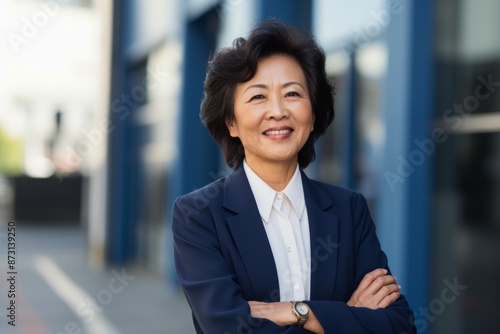 Portrait of a glad asian woman in her 60s wearing a professional suit jacket over soft blue background