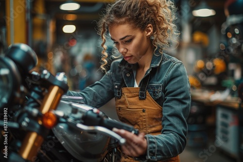 A woman wearing a denim jacket and overalls is focused on repairing or working on a motorcycle in a modern, well-equipped workshop filled with tools and equipment.