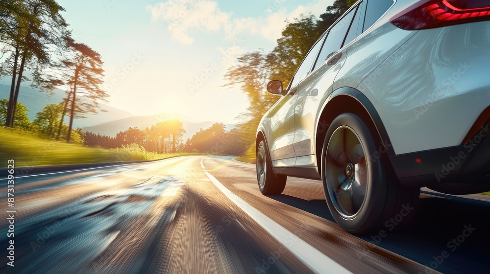 Scenic Drive: SUV Amidst Misty Forest and Morning Light Scenic Drive: SUV Amidst Misty Forest and Morning Light