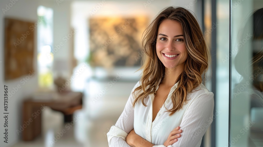 Confident Businesswoman Smiling in Modern Office Environment Confident Businesswoman Smiling in Modern Office Environment