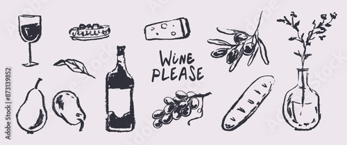 Ink charcoal wine set. Grape, wine bottles and wineglass, cheese, black olives, flowers. Vintage alcoholic beverage vector illustration. Hand drawn engraved vintage sketch for poster, restaurant menu.