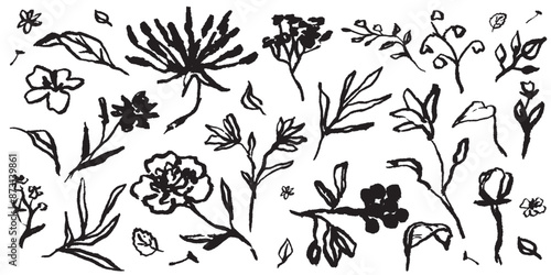 Tattoo flower collection. Contemporary abstract minimal art in charcoal or crayon drawing style botanic plant vector illustration. Ink hand drawn wild flowers set. Pencil drawn floral elements.