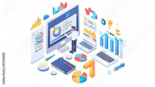 Concept of isometry illustrated. White background, data analyst business plan