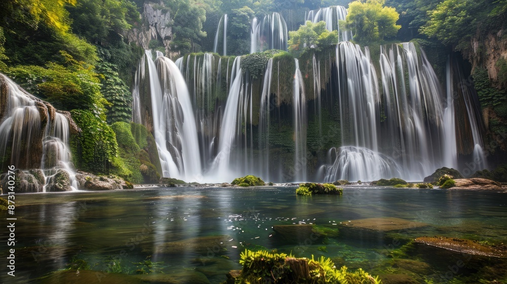 Obraz premium A cascading waterfall with multiple tiers, each flowing into clear pools, surrounded by vibrant green foliage.