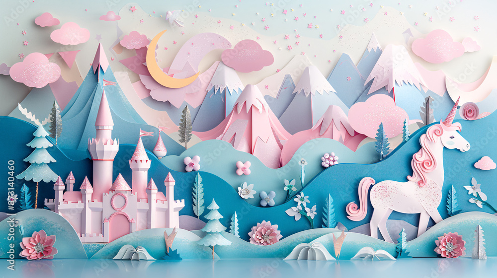 Enchanting Fairy-Tale Paper Banner with Unicorn, Castle, and Fairy Characters on Pastel Background Enchanting Fairy-Tale Paper Banner with Unicorn, Castle, and Fairy Characters on Pastel Background