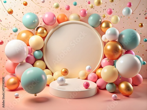 Round podium mockup is a bright 3D balloon composition with multi-colored balloons and confetti, creating a festive atmosphere. Ideal for product presentation, greetings or themed visuals photo