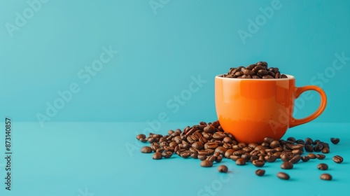 Orange cup and beans with coffee on blue backdrop photo