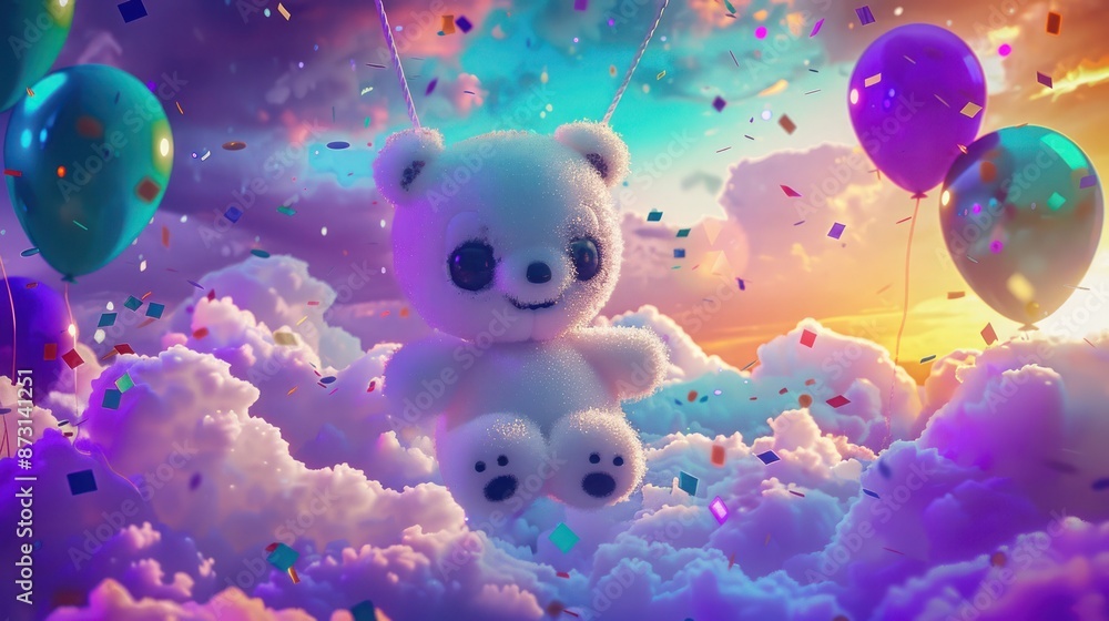 A white teddy bear with black eyes swinging on fluffy clouds, surrounded by balloons A white teddy bear with black eyes swinging on fluffy clouds, surrounded by balloons