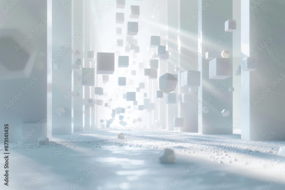 an abstract white void with floating matrix-like elements as far as the eye can see, simple, pastel colours, rendered in UE5, unreal engine 5 an abstract white void with floating matrix-like elements as far as the eye can see, simple, pastel colours, rendered in UE5, unreal engine 5