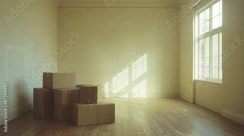 Unpacking after moving Cardboard boxes in vacant room with space for text