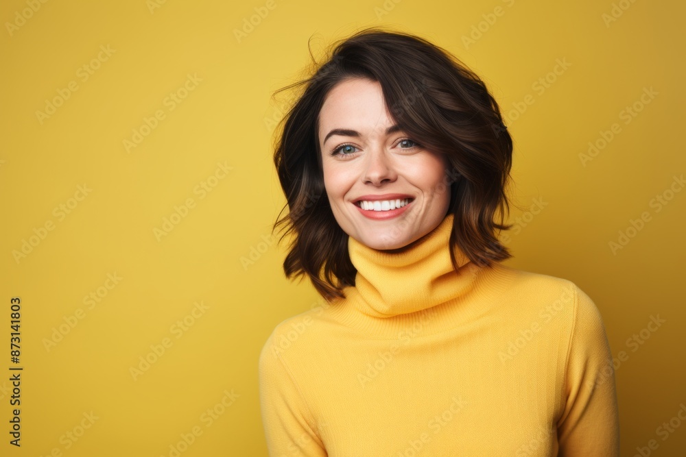 Portrait of a joyful woman in her 30s wearing a classic turtleneck sweater on soft yellow background Portrait of a joyful woman in her 30s wearing a classic turtleneck sweater on soft yellow background