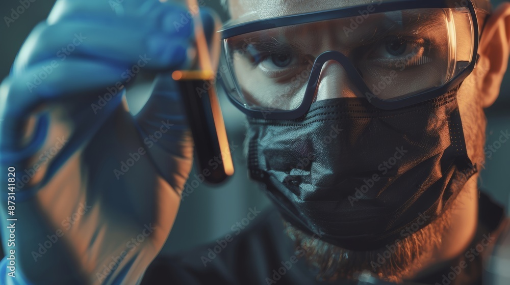 Test tube, scientist in mask researching medical dna, rna, and covid. Biochemist analyzes blood vials for drug development in pharmaceutical lab. Test tube, scientist in mask researching medical dna, rna, and covid. Biochemist analyzes blood vials for drug development in pharmaceutical lab.