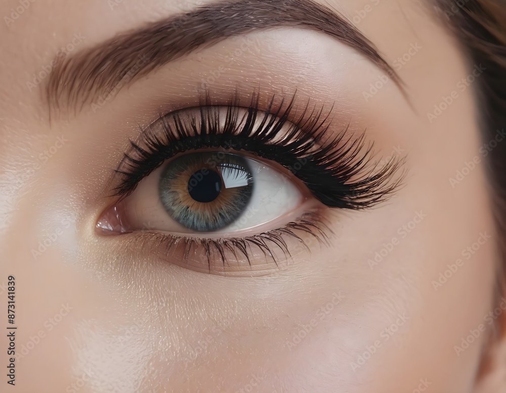 Close up of a woman's eye with long lashes and perfect makeup, featuring a detailed view of the iris and eyeball Close up of a woman's eye with long lashes and perfect makeup, featuring a detailed view of the iris and eyeball