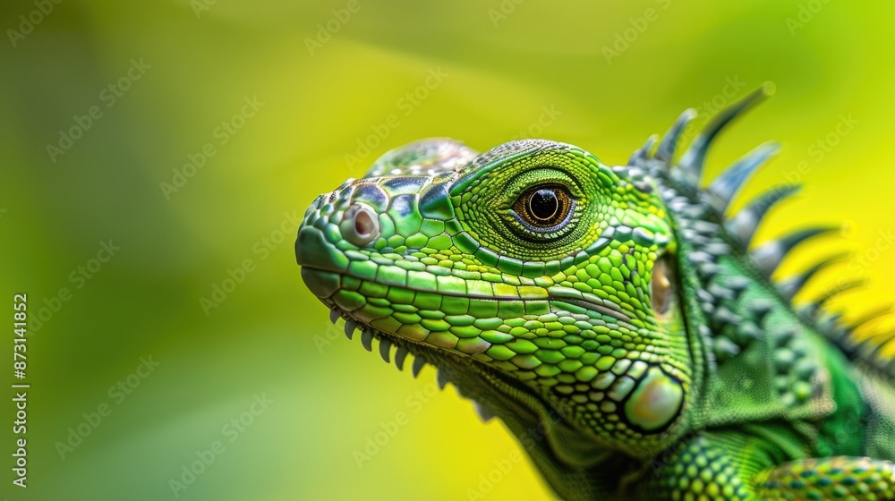 Close up macro photograph of a green lizard s iguana head portrait in nature Close up macro photograph of a green lizard s iguana head portrait in nature