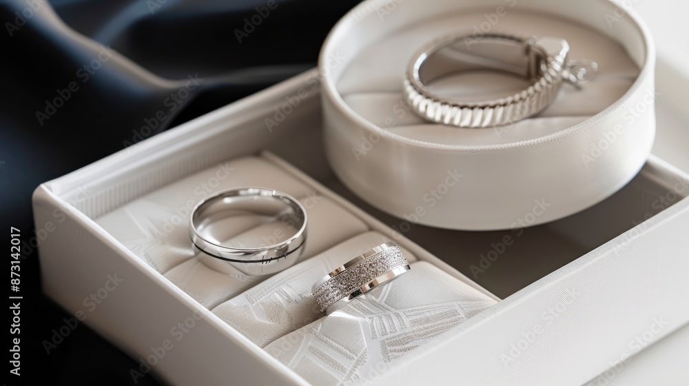 Contemporary bracelet and ring displayed in a white box Contemporary bracelet and ring displayed in a white box