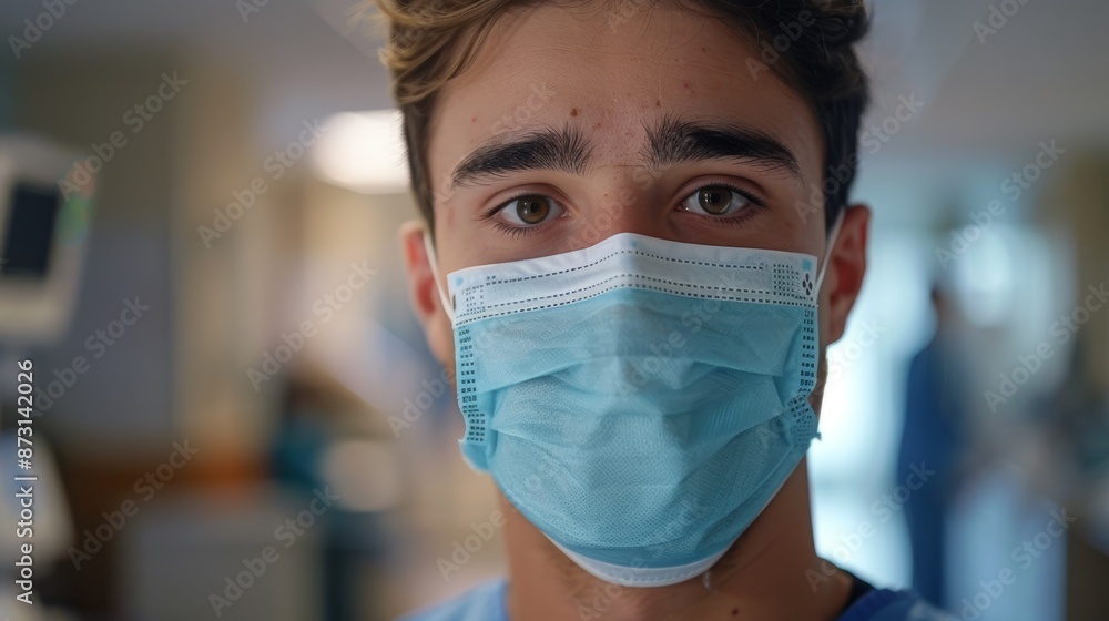 Medical care with a guy nurse wearing a mask in a hospital. Standing alone in a clinic, a male doctor or nurse wears a facemask. Medical care with a guy nurse wearing a mask in a hospital. Standing alone in a clinic, a male doctor or nurse wears a facemask.