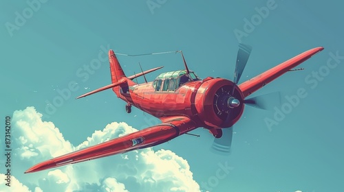 Crimson aircraft flying in a clear cerulean sky, classic design, digital art style