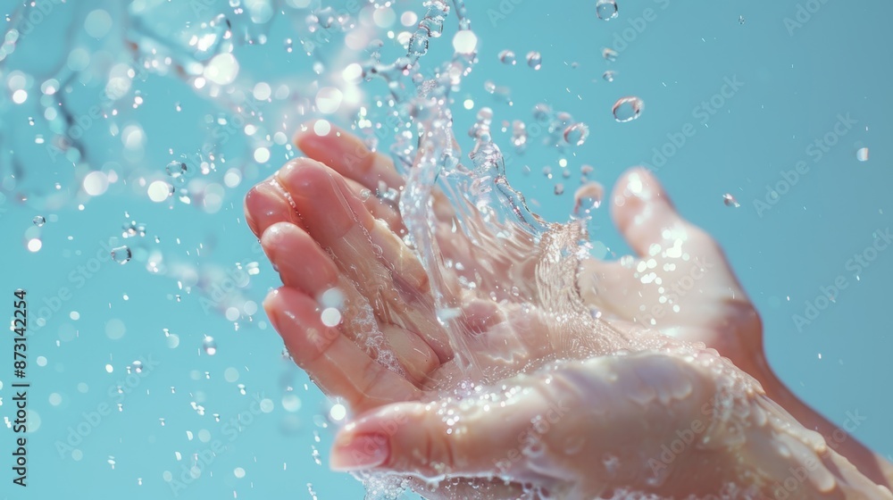 Cleaning, hands and water splash on woman in studio, blue background, healthcare mockup, and skincare washing. Model, closeup, or sanitation using soap or bubbles to prevent bacteria Cleaning, hands and water splash on woman in studio, blue background, healthcare mockup, and skincare washing. Model, closeup, or sanitation using soap or bubbles to prevent bacteria