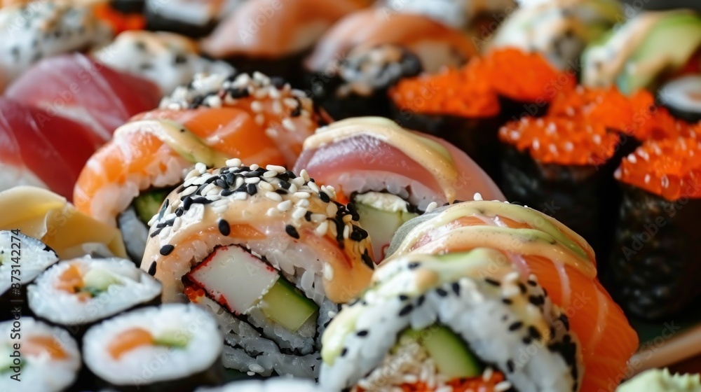 Sushi Rolls with Salmon, Avocado, and Shrimp Sushi Rolls with Salmon, Avocado, and Shrimp