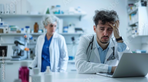 Scientist, exhausted from computer research, planning, data analysis, mistakes, or healthcare findings. Scientist or doctor stressed or depressed working on laptop in medical or chemistry lab photo