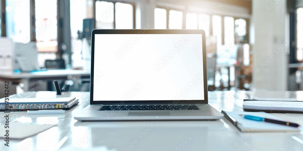 Office background, laptop, and mockup screen for web design, media research, and technology. Business promotion, marketing, and connection table with blank computer, internet, and mock up Office background, laptop, and mockup screen for web design, media research, and technology. Business promotion, marketing, and connection table with blank computer, internet, and mock up