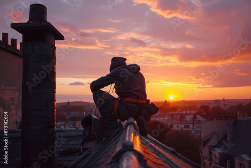 Chimney sweep worker working on a rooftop