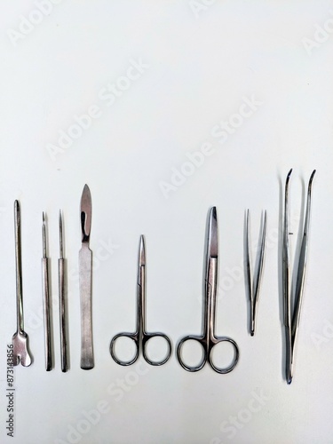 A row of surgical instruments is neatly arranged on a white table