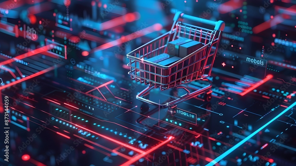 Futuristic Digital Landscape with E-Commerce Shopping Cart Floating in Neon Grid Futuristic Digital Landscape with E-Commerce Shopping Cart Floating in Neon Grid