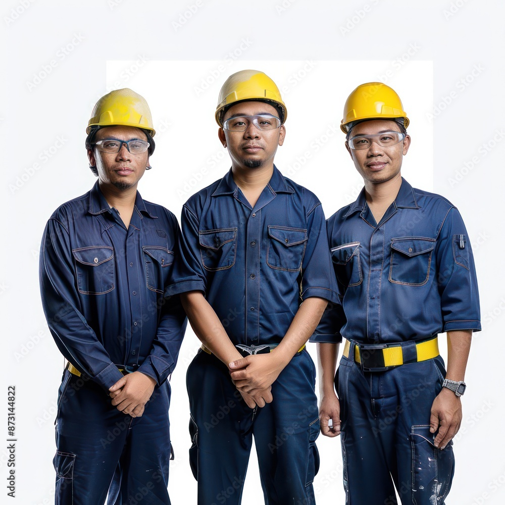 Three asian men in construction gear pose for a photo. They are wearing hard hats and blue overalls Three asian men in construction gear pose for a photo. They are wearing hard hats and blue overalls